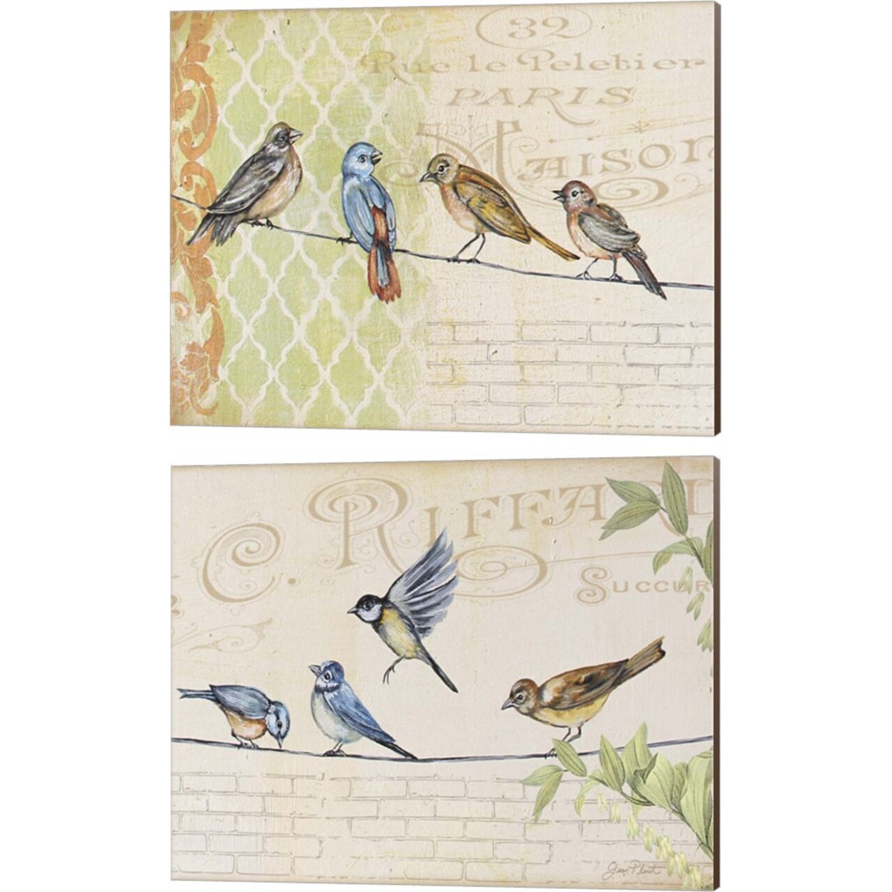 Birds Gathered On Wire - Paris Wall by Jean Plout 15" x 12" Canvas Wall Art (Set of 2)